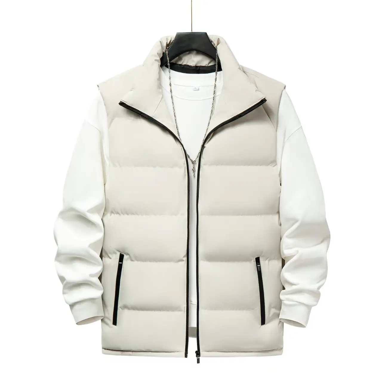 Men's Fitted Quilted Puffer Vest, Woven Preppy Mock Neck Sleeveless Jacket, Heavyweight Waterproof & Windproof for Autumn Winter, Trench Coat, Zip, Fabric, Partying, Activewear, Zipper, Top, Menswear, Plain, Stylish, Casual, Polyester, All Seasons