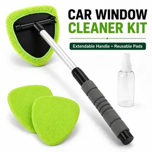 【FathersDayGift】5PCS Car Windshield Cleaner Kit with Extendable Handle, Interior Auto Glass Cleaning Tool with 3 Reusable Microfiber Pads & Spray Bottle for Cars, SUVs, Trucks, Front & Rear Windows Car Detailing Products Car Care Kit