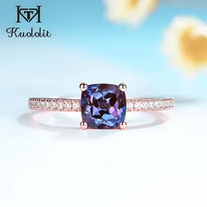 925 Sterling Silver Alexandrite Ring | 585 Rose Gold Cushion Cut for Women