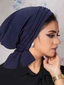 Women's Fashion Hat Pure Color Ribbed Design Four Stripes Long Tail Scarf Cap Chemotherapy Hat Two Grooves Long Tail Hat Turban Hijab, Fashion Hair Scarves, Turban Wrap