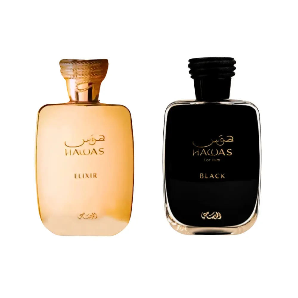 Men's Rasasi Hawas Elixir & Hawas Black Eau de Parfum 3.4 Oz Combo Pack - Bold, Intense, Elegant Perfume, EDP Cologne Spray, Fragrances with Dark Choc Heart, White Musk Glow