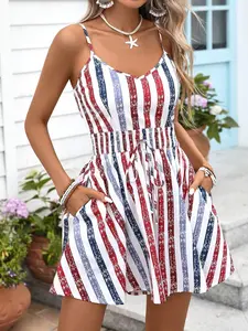 American Independence Day Themed Blue Striped Romper Jumpsuit, High Waist A-Line Skirt Pants, Pocketed Beach Party, Sleeveless V-Neck Tie-Up Dress Womenswear