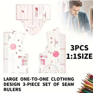 Fashion Design Ruler Set, 3-Piece Fabric Pattern Measuring Tool, Handmade Sewing Template, Ideal for Clothing Patterns