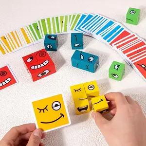 Emotion Building Blocks Wooden Puzzle Game, 1 Set Emotion Recognition Puzzle Cubes & Cards, Interactive Educational Game for Party & Learning Activity, Shape Recognition Puzzles
