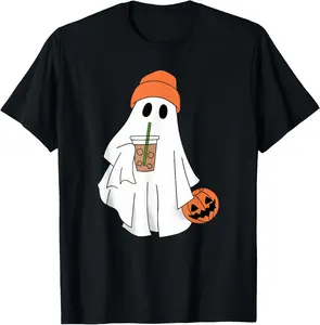 Halloween Ghost Drinking Coffee Ghost Ice Coffee Men Women T-Shirt Pure Cotton Graphic Tees: Unisex Gifts for Men Menswear Top