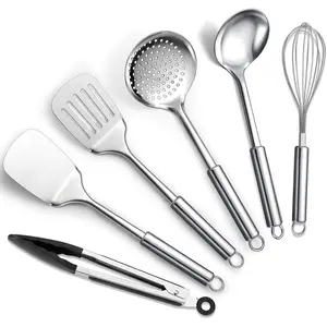 Stainless Steel Cooking Utensils Set 6 Pieces, Kitchen Tools Set Include Metal Spatula Set, Skimmer, Ladle, Tong, Whisk, Kitchen Gadgets Essentials New Home Must Have