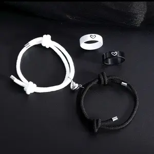 Love Heart Couple's Ring & Adjustable Bracelet Set - Perfect for Date Night, Vacations, Casual Attire & Valentine's Day Gift, Vacation Style, Simple Style Style