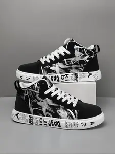 Men's Graffiti High Top Sneakers, Street Style Casual Shoes, Newspaper Print Thick Sole Canvas Shoes, Student Versatile Running Shoes