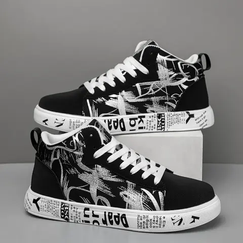 Men's Graffiti High Top Sneakers, Street Style Casual Shoes, Newspaper Print Thick Sole Canvas Shoes, Student Versatile Running Shoes