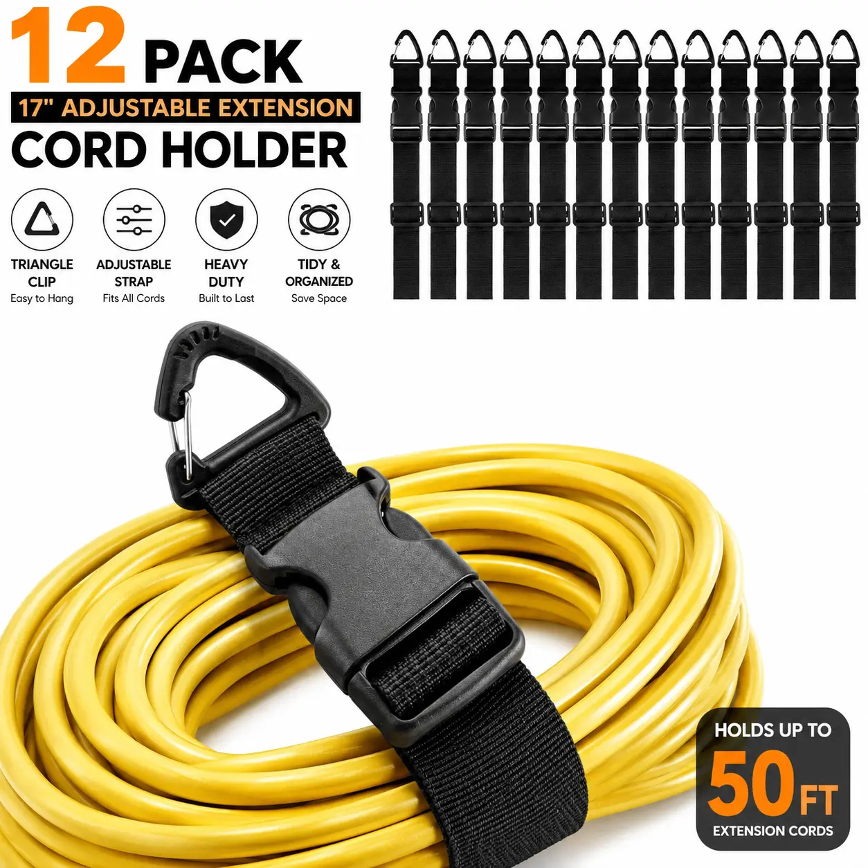 Heavy Duty 12-Pack 17-Inch Adjustable Strap Extension Cord Holder Organizer with Triangle Clips for Garage, Men’s Workshop Organization & Storage (Black)
