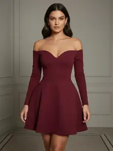 Women's Solid Off Shoulder Dress, Elegant Long Sleeve A Line Dress for Party & Wedding, Ladies Spring & Fall Clothes