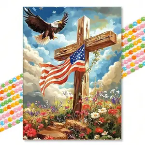 Eagle American Flag Floral Diamond Painting, Vintage Style 5D Full Drill Round Beads Cross Stitch Mosaic DIY Wall Art Decor