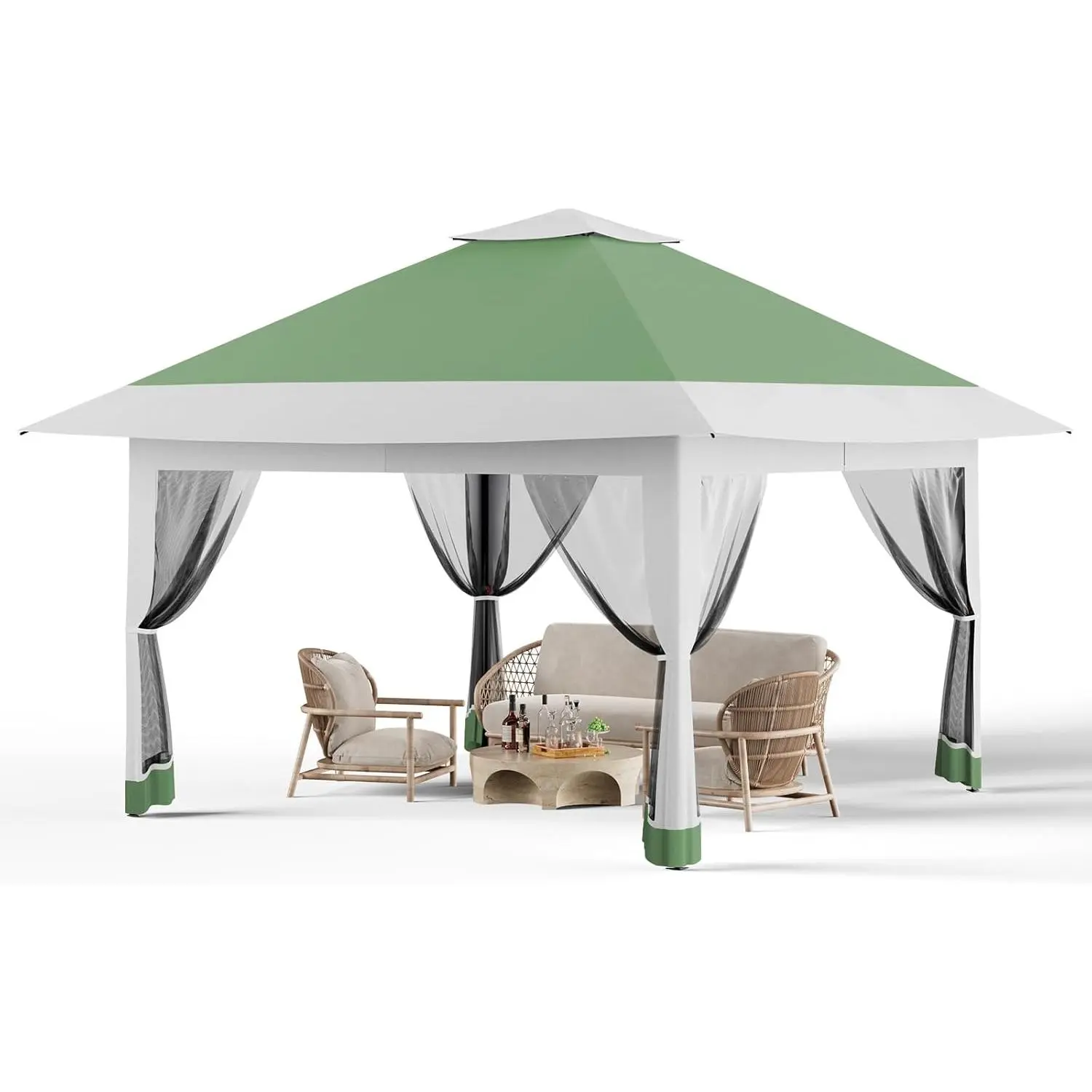 12x12 Instant Outdoor Shade Canopy Tent - Patio Furniture with 4 Sandbags, Double Tiers, Mesh Netting for Lawn, Garden, Backyard (Khaki)