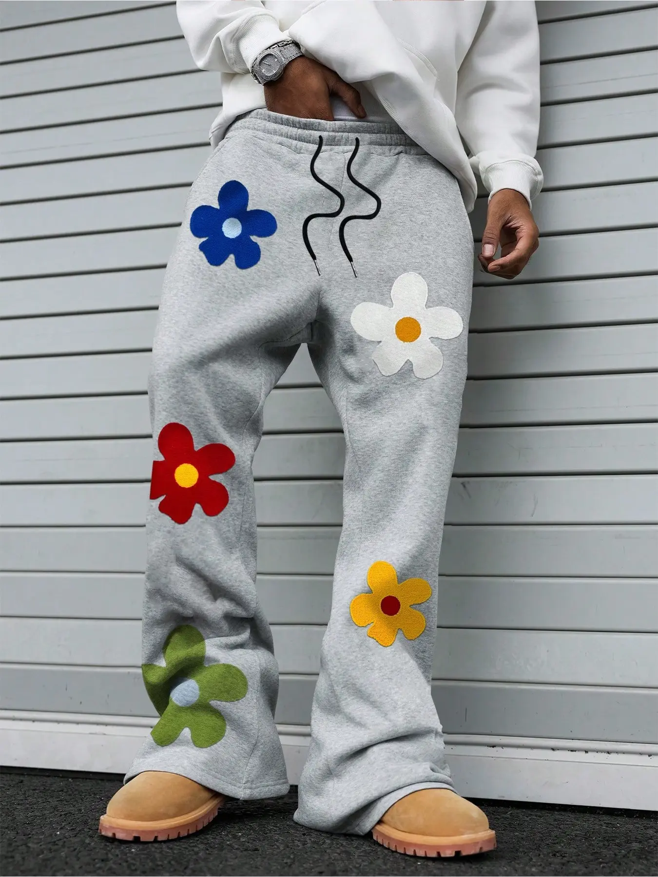 Colorful Floral Patch, Grey, Black Wide-Leg Sweatpants, Y2K Aesthetic Streetwear, Casual Streetwear, Oversized Baggy Fit, Soft Comfortable Fabric, Casual Comfy Trousers