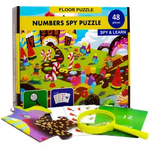 I Spy Number Puzzle with Flashcards and Magnifying Glass 2ft x 3ft-Large 48 Piece Candy Land Jumbo Floor Puzzles for Kids Ages 3-5-Preschool, Kindergarten Number Puzzles for Toddlers Ages 1,2,3,4,5