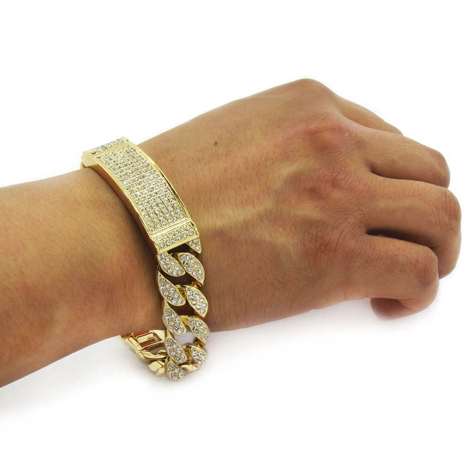 MaxBling81 Hip Hop Gold Plated Bracelet - Men's Unisex Gold-Silver Plated Miami Link, Iced Out Cubic-Zirconia ID Fashion Wrist Jewelry for Daily Wear, Gold Plated Bracelets