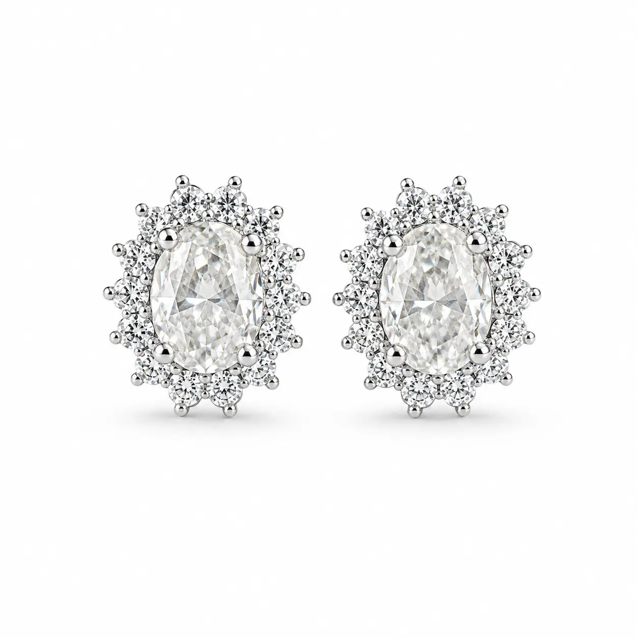 Women's Oval-Cut Moissanite Stud Earrings with Sparkling Floral Halo - Fashion Costume Jewelry Accessories