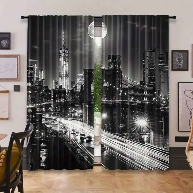 2pcs HD Digital Print City Night Scene Curtains, Window Curtain, Window Drapes, Home Decorative Curtain, Polyester Material, Semi-Transparent Privacy Protection, Washable, Bedroom and Living Room Decor