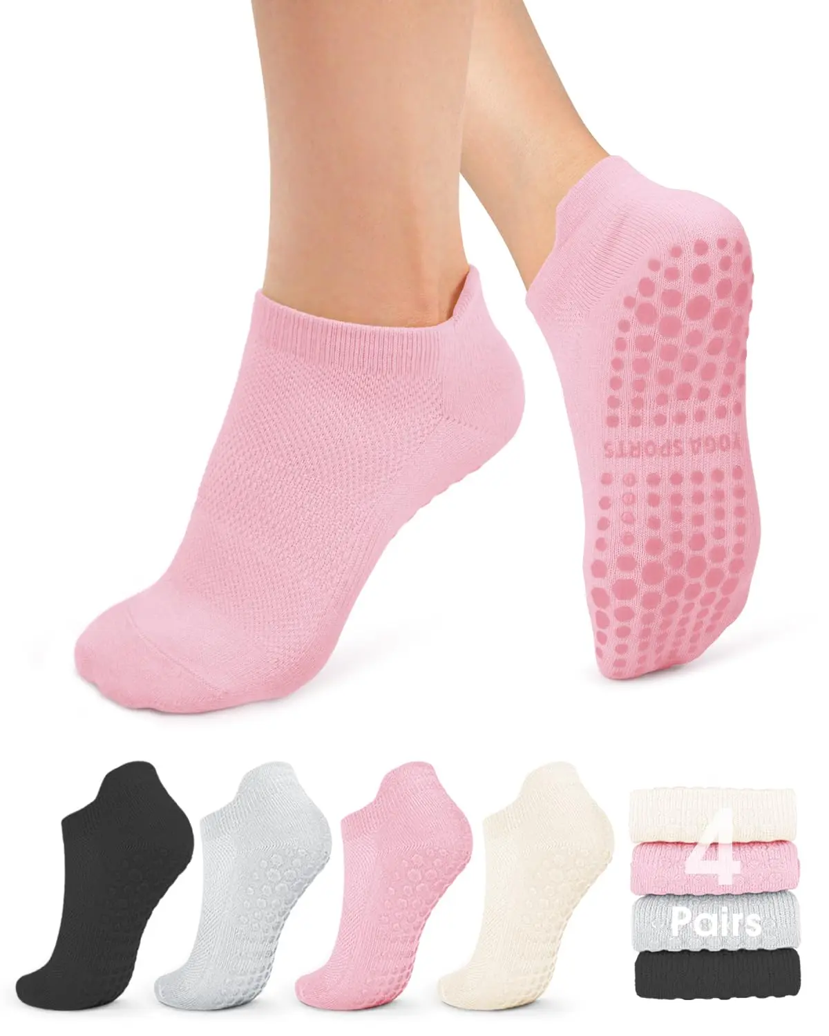 4 Pairs Non Slip Yoga Socks for Women, Sticky Grippers Pilates Barre Socks with Cushioned Sole, Anti-Skid Hospital Socks for Ballet Dance Home Workout, Athletic Low Cut Ankle Socks with Heel Tab (Multi-Color)