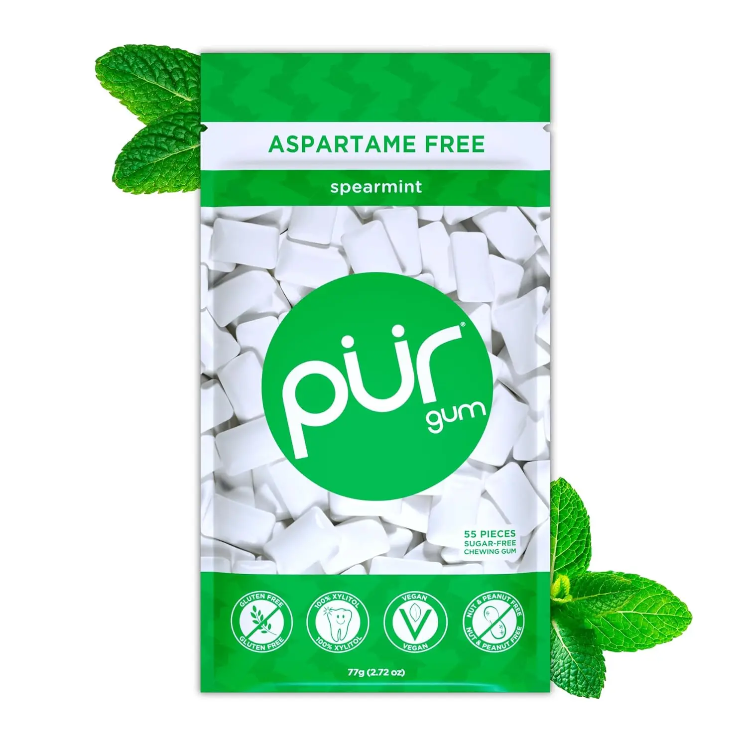 Aspartame-Free Spearmint Chewing Gum – 100% Xylitol Sweetened, Sugar-Free Fresh Breath Gum, Natural Mint Flavor, 55 Pieces