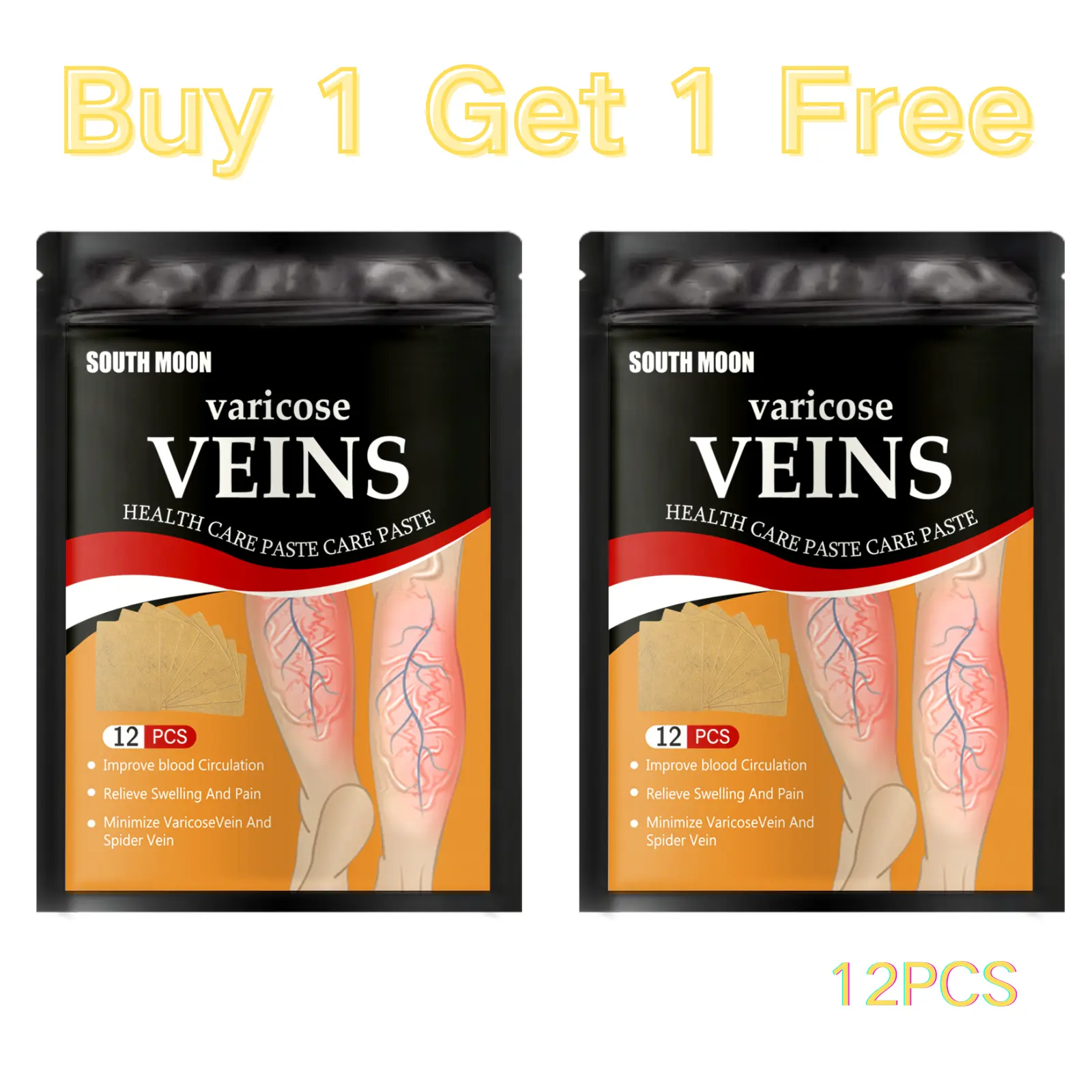 Varicose Vein Treatment Patch with Ginger & Safflower Oil - Cooling Therapy for Pain & Swelling Relief, Improves Circulation (BOGO)
