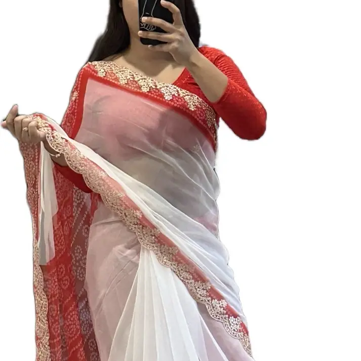 Elegant Women's Georgette Saree with Traditional Thread Work Embroidery, Comfortable Red & White Fabric for Holidays, Includes Blouse Piece, Classic, Style, Costumes, Accessories, Clothes
