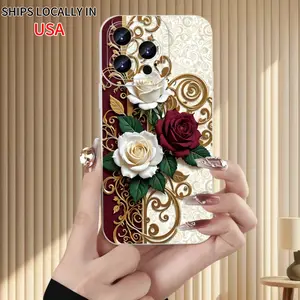 Rose with Golden pattern for luxurious retro phone case for iPhone 15 Pro Max, 16PLUS, mini,Drop-Resistant Case.Lens protection,comfortable grip,affordable luxury Protector Cellphone Cover Smartphone Protective Casing