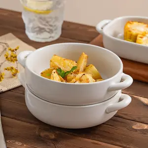 Round Baking Pan with Handle, 4 Counts/set Ceramic Baking Dish, Baking Tray for Home Kitchen Restaurant, Kitchen Accessories, Essential Bakeware