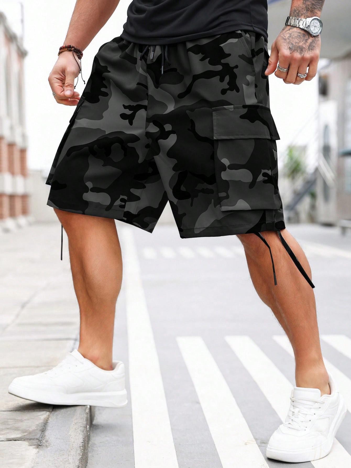 Men’s camouflage cargo shorts — quick-drying, lightweight ice silk casual shorts with an elastic waistband, drawstring, and multiple pockets; suitable for fitness, running, hiking, and everyday wear.