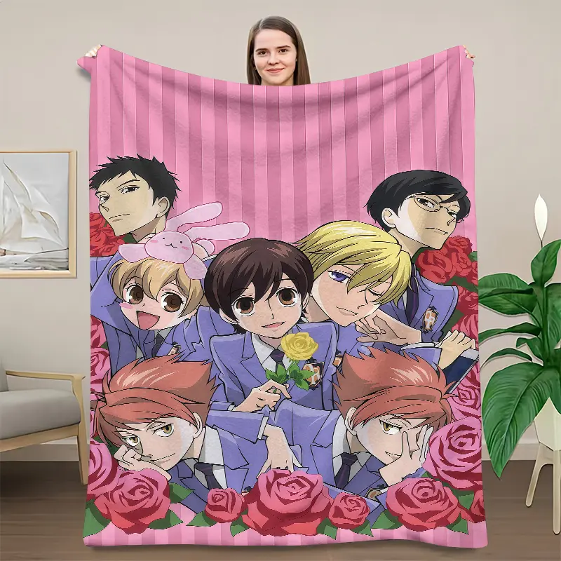 Ouran High School Host Club Full Host Group Throw Blanket,Pink Vertical Stripe Background All 7 Main Characters Red Rose Border Shoujo Anime Flannel Blanket, Soft Fleece Blanket, Perfect Shojo Anime Fan Pastel Pink Bedroom Decor All-Season Otaku Girl Gift