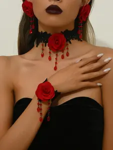 Vintage Lace Rose Flower Elegant Jewelry Set, Necklaces Earrings Set, 4pcs Choker Earrings Bracelet Necklace, Gothic Fashion Accessories for Women, Perfect Gift