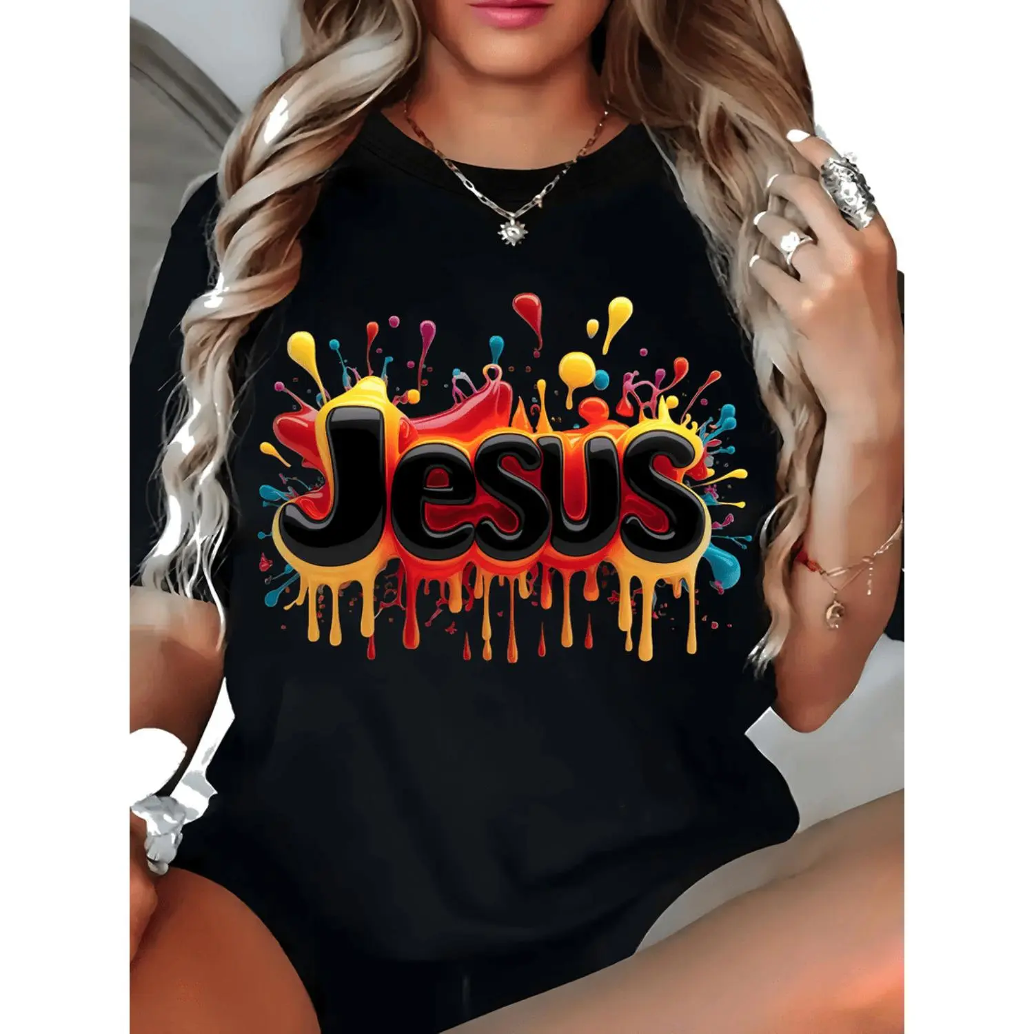 Trendy Plus Size Women TShirt With Vibrant Splash Paint Design And Geometric Pattern