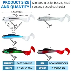 5-Pack Soft Plastic Jig Head Swimbaits for Bass Fishing, Lifelike   Swim Baits with Hooks, Suitable for Saltwater/Freshwater Fishing, Ideal for Trout, Walleye, and Crappie tail