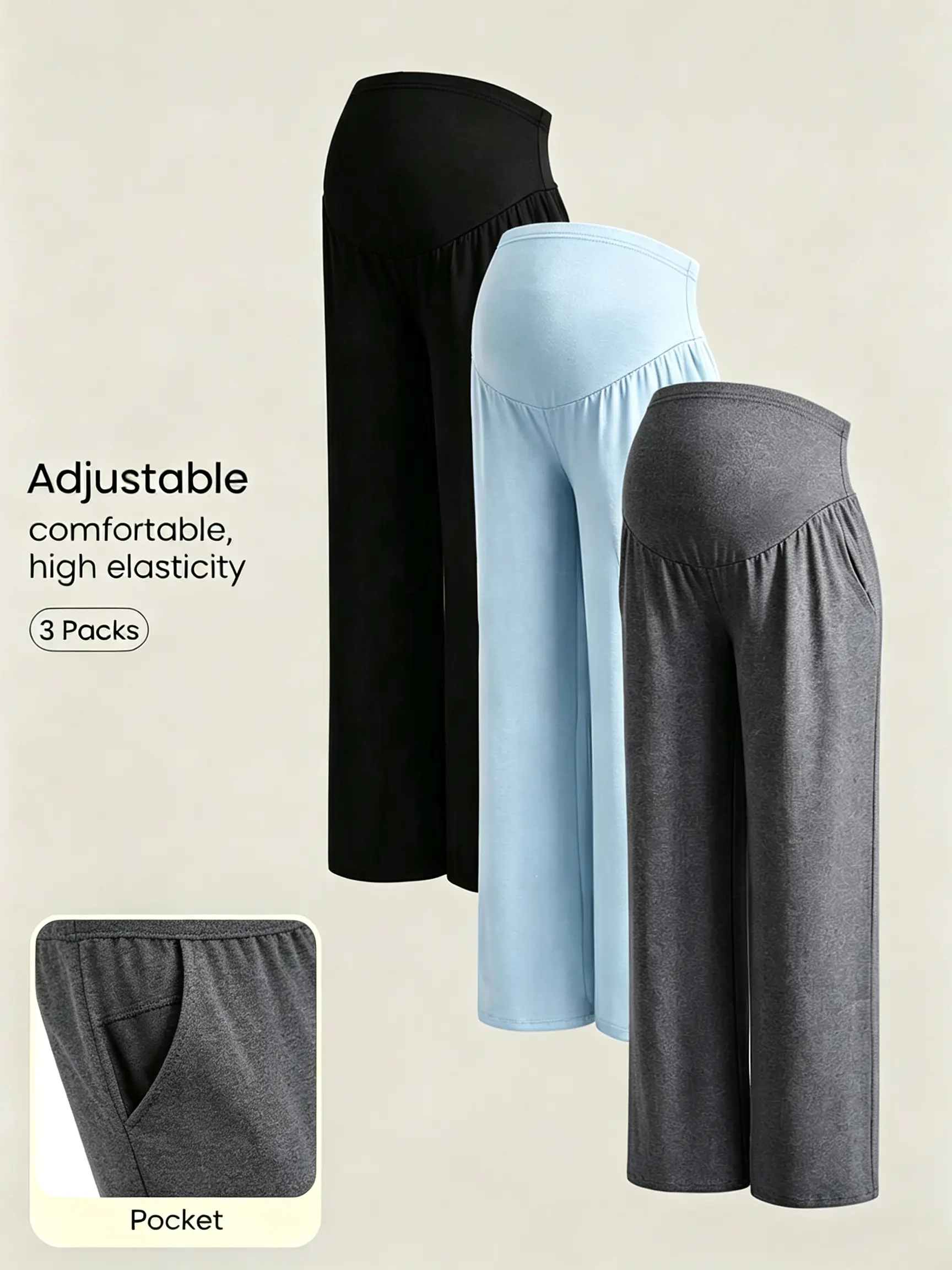 Maternity Joggers 3-Piece Set - High-Waisted Maternity Clothing, Stretch Knit Pregnancy Clothes, Soft, Pockets, Loose Casual Fit for Everyday Wear