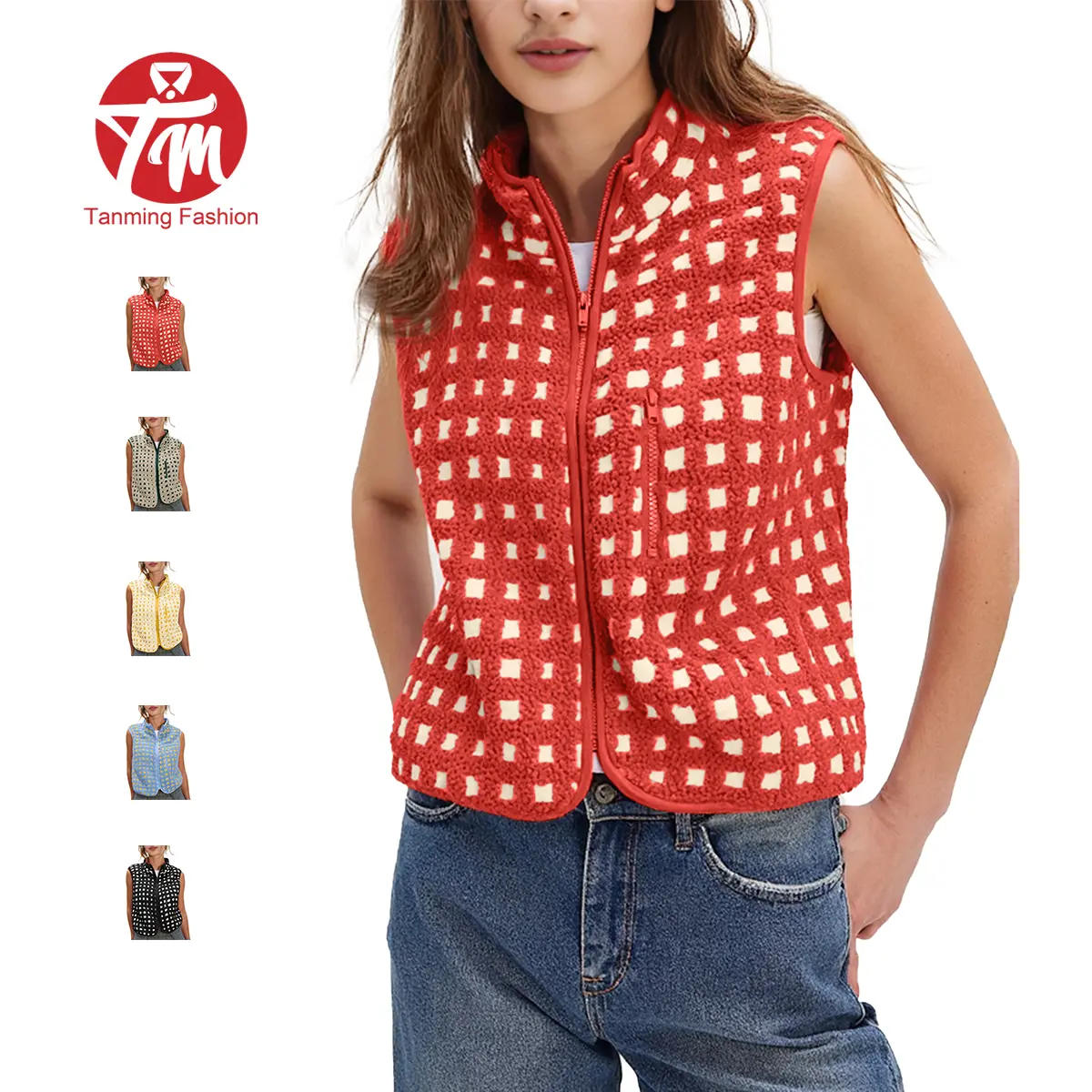 Tanming Women's Trending Plaid Sherpa Fleece Vest, Casual High Neck Sleeveless Zip-Up Top with Pockets for Layering, Waistcoat, Zipper Vest, Grid