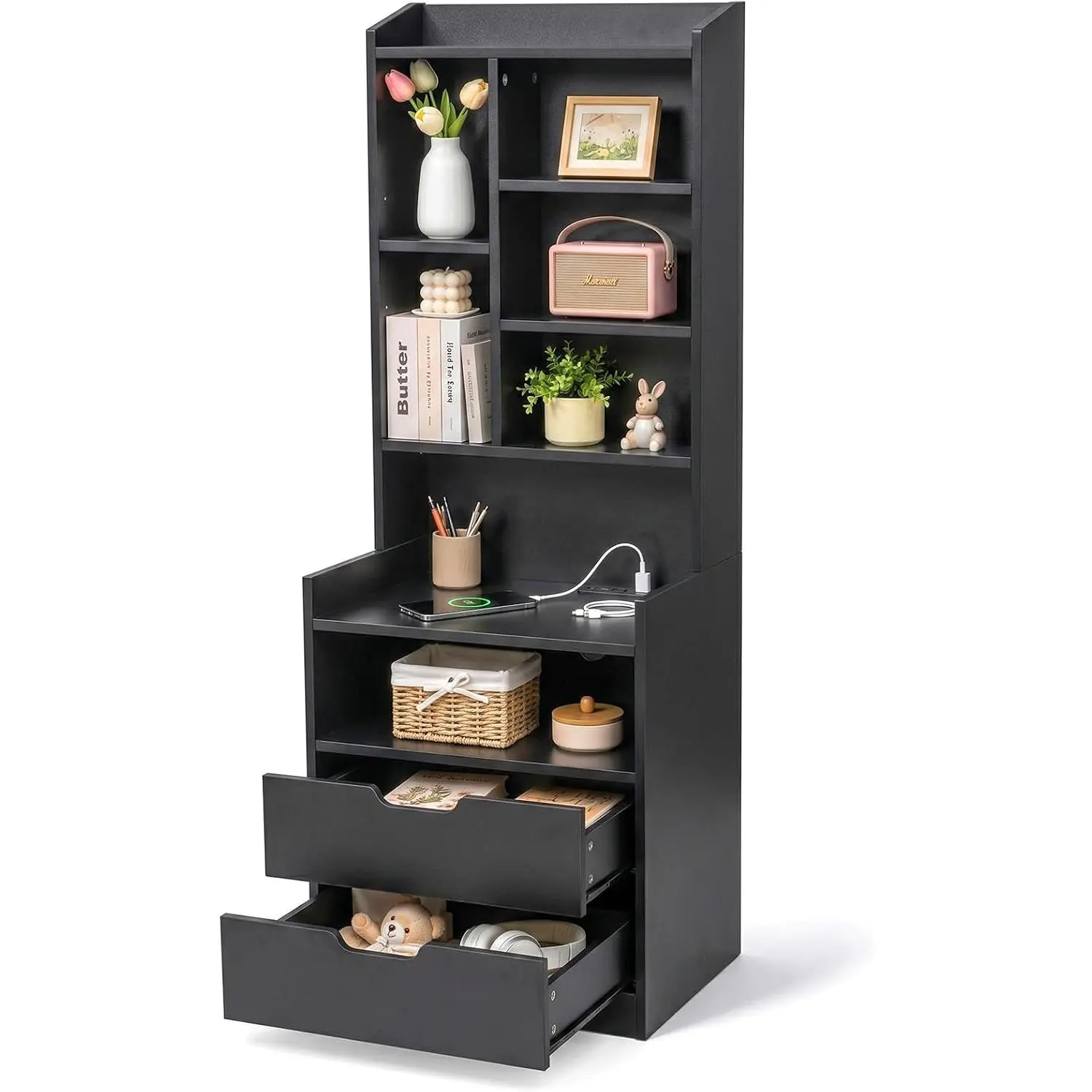 Karl Home Modern Tall Black Pine Bedside Nightstand with LED RGB Light, Charging Station, Drawers, Power Outlets, Adjustable Shelves, Multi-Purpose End Side Table for Bedrooms
