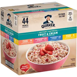 Quaker Instant Oatmeal Fruit & Cream Variety Pack 44 Count – Assorted Fruity Flavors, Creamy Single-Serve Oats, Quick Breakfast Solution