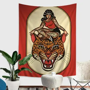 Wild Tiger Tapestry - Vintage Tattoo Woman & Beasts Design, Fade-proof Wall Decor for Home