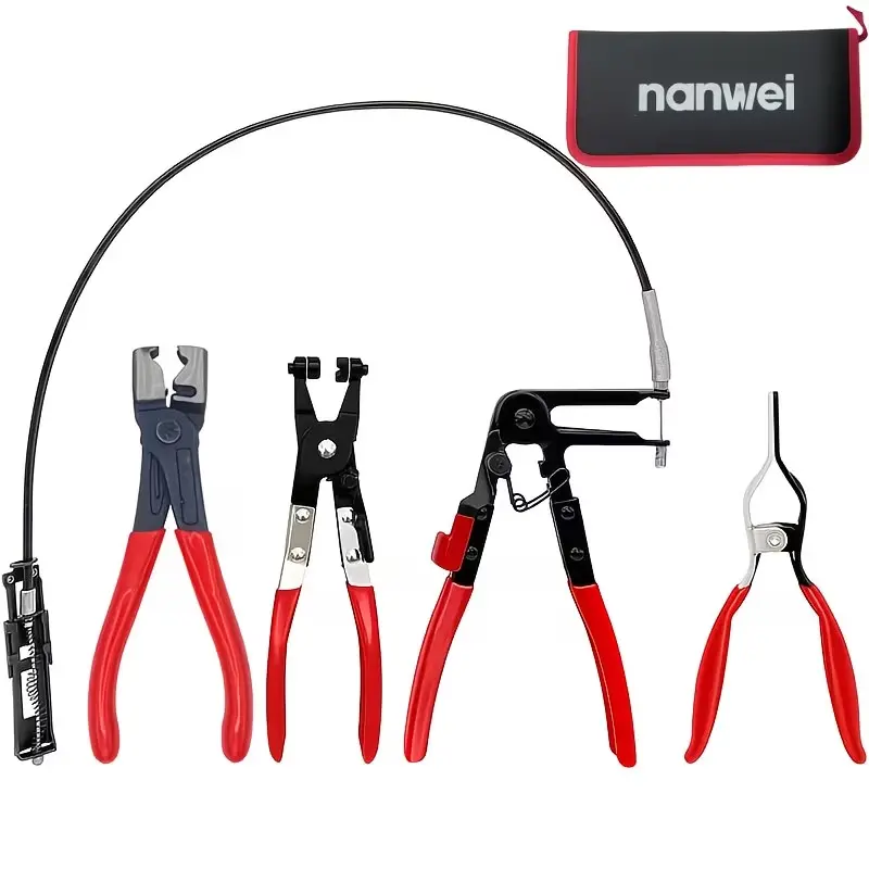 Nanwei 4pcs Long-handled Hose Clamp Set Is A Professional Auto Repair Tool Kit for Replacing Fuel, Oil, And Water Hoses. It Includes Long-distance Spring Wire Clamps And Hose Clamp Removal Kits