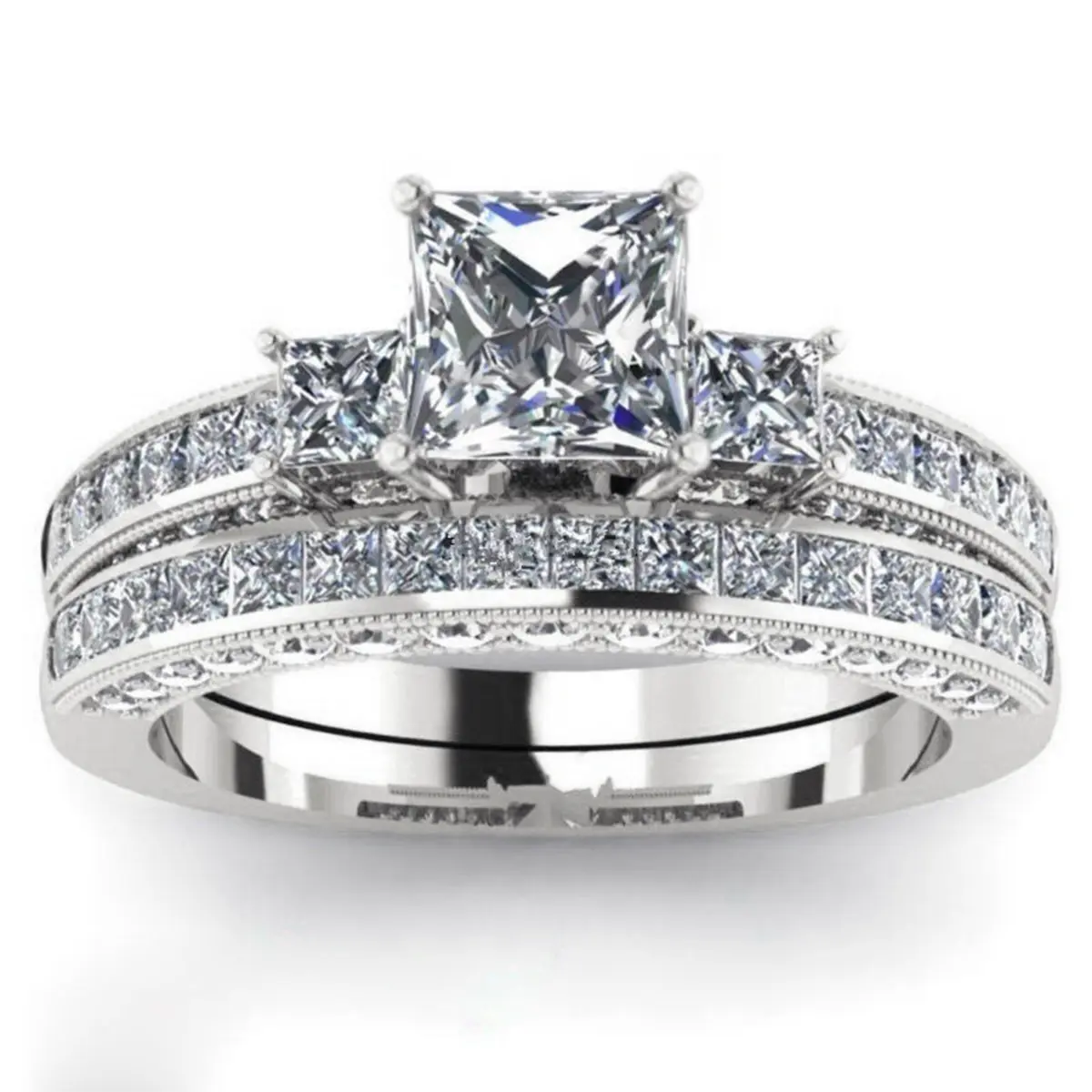 Women's rings, three-stone princess square cubic zirconia engagement ring, exquisite silver wedding rings, bridal ring set - a unique gift for her - two rings