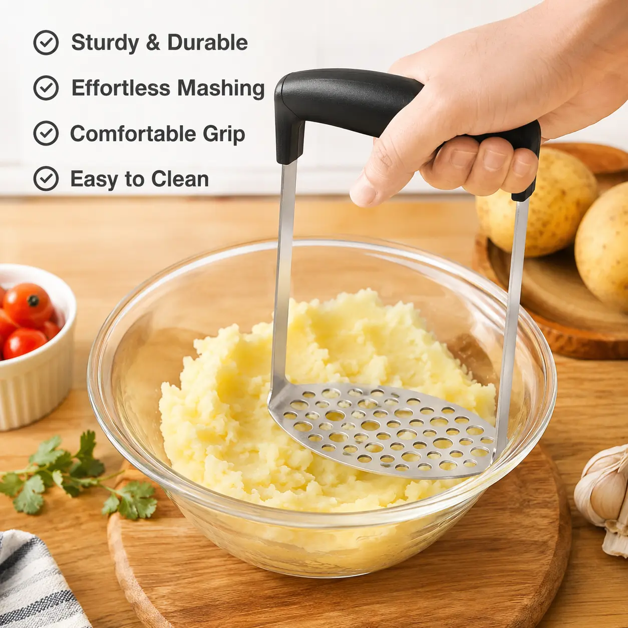 Thickened Stainless Steel Potato Masher with Holes, Non-slip Handle Manual Kitchen Utensil for Mashing Potatoes, Vegetables for Home Daily Cooking