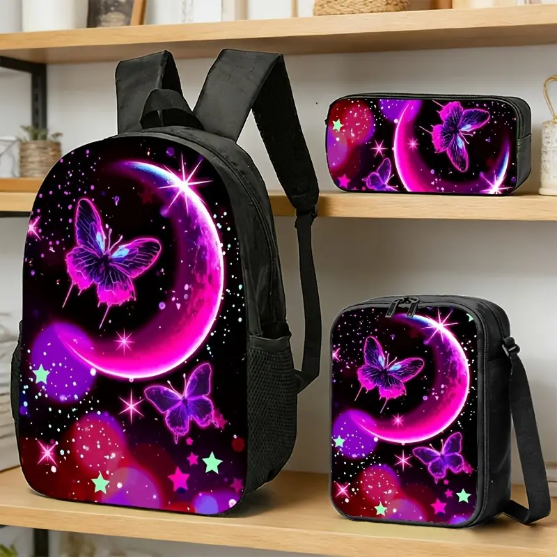 3Pcs Neon Moon Butterfly Print Backpack Set Durable 600D Oxford Cloth School Bag Insulated Lunch Box & Pencil Case Combo Adjustable Breathable Strap Large Capacity Fits 15in Laptop for Kids Teens School Travel Outdoor Use