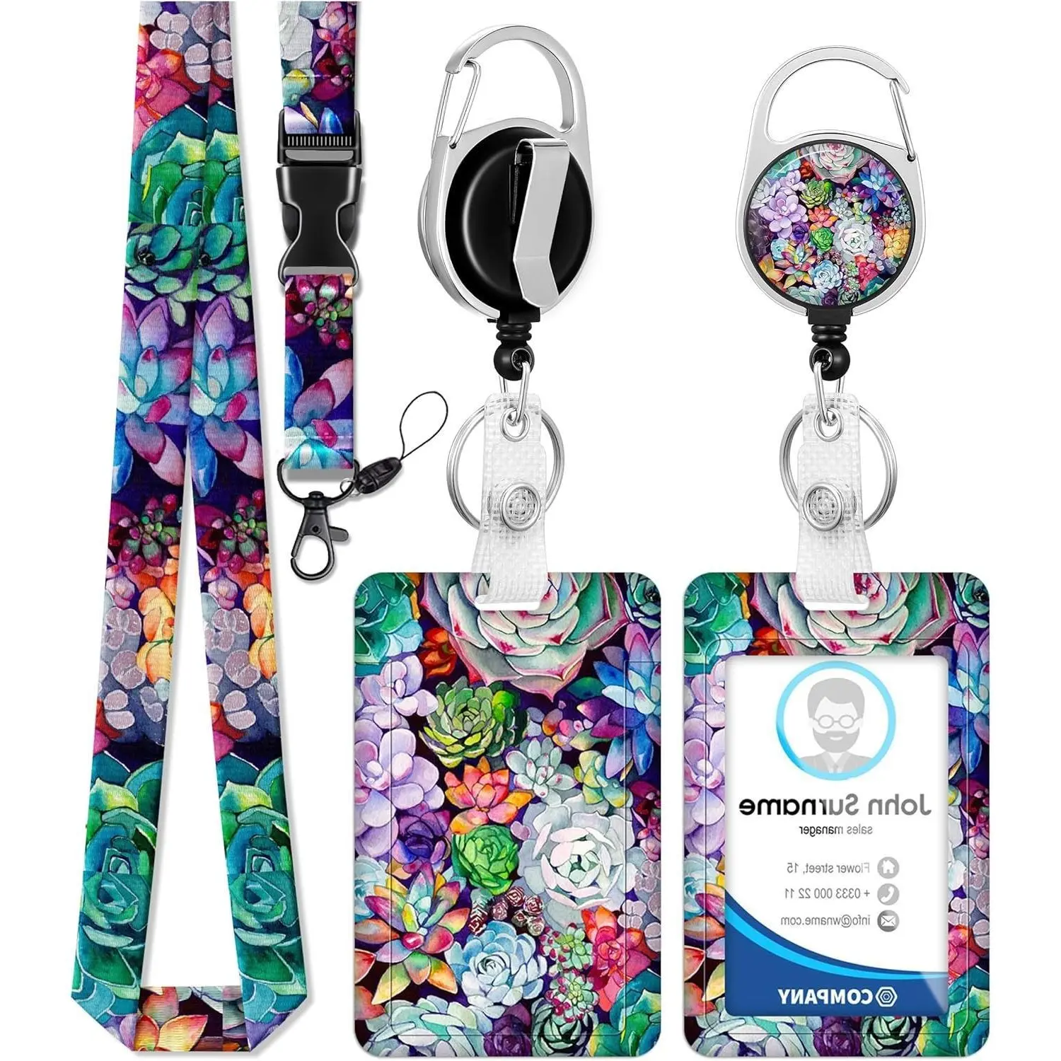 BY-340 Vertical Colorful Succulent Print ABS Plastic ID Badge Holder - 22.5 inches Lanyard (Detachable), 23 inches Retractable Reel Clip, Protector, Buckle - Aesthetic Practical Casual Wear Accessory for Medical Staff, Teachers, All Ages