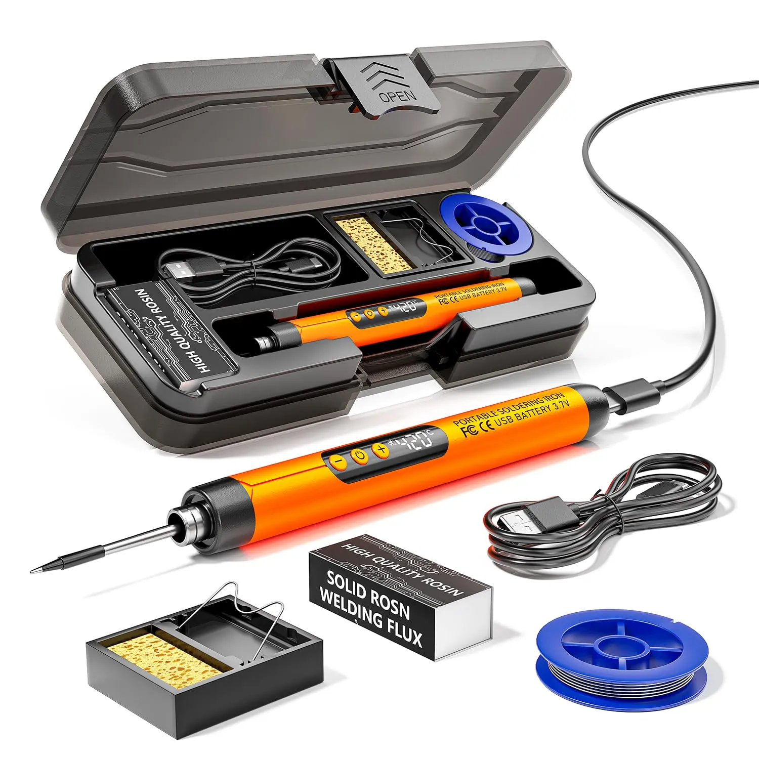 Cordless USB Rechargeable Portable Soldering Iron Full Kit Set (Orange) - 3-Speed Adjustable Temp, 3.7V Cells, 0-49W Heating Core, Soldering Cord, Rosin, Stand, Storage Case