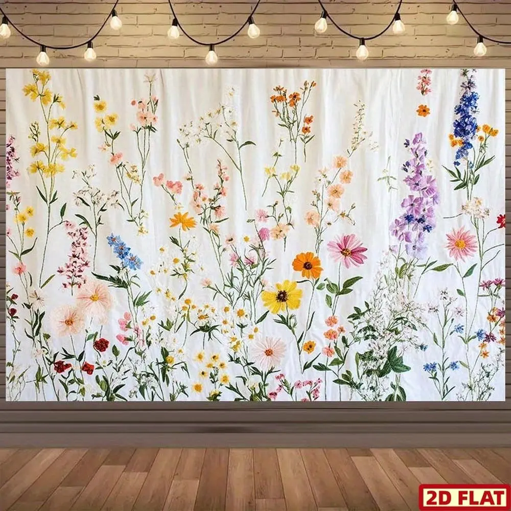 1PC 2D Flat Polyester Reusable Floral Embroidery Backdrop Banner, Cross-Border Festival Event Decoration for Wedding & Birthday Photography, Home & Festive Accent with Flowers