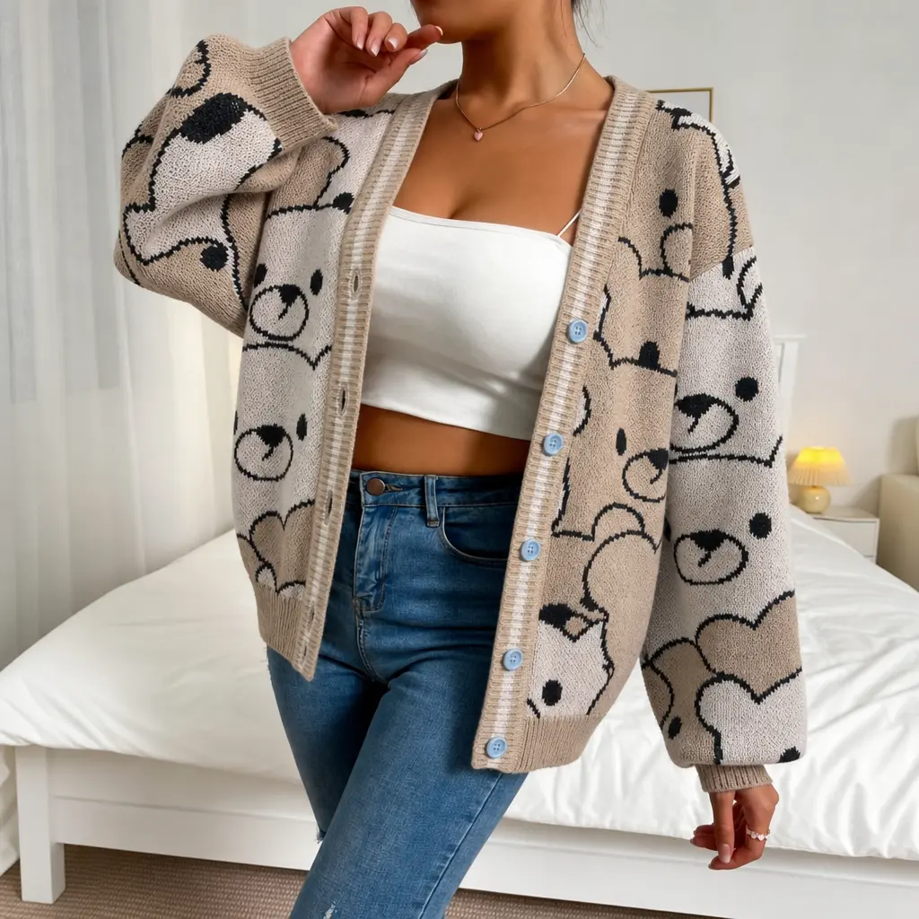 Women's Beige Bear Graphic Knit Cardigan, Cute V Neck Button Front Sweater, Oversized Long Sleeve Kawaii Layering Top, Soft Girl Coquette Aesthetic, Cozy Fall Outfit, Y2K Sweater Jacket, Preppy College Casual Streetwear, Fall Fashion Layering Top