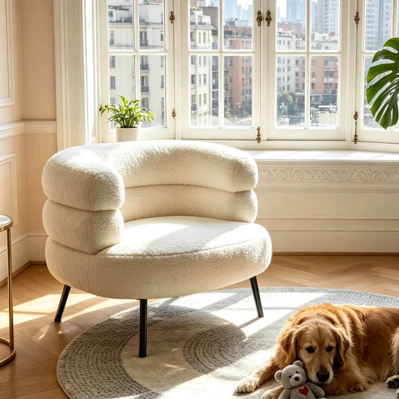Cream Teddy Fleece Accent Chair Curved Upholstered Side Chair Small Comfy Reading Chair for Bedroom Living Room Vanity make-up