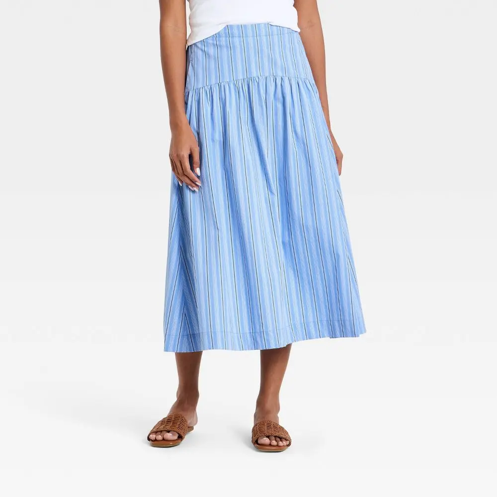 A New Day Women's Low Rise Poplin Drop-Waist Midi Skirt - Blue