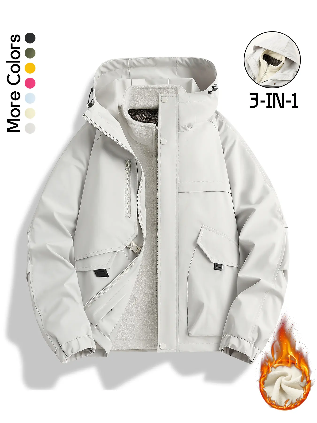 Women's Convertible 3-in-1 Winter Jacket Light Blue Hooded Water-resistant Shell & Warm Fleece Liner Outerwear Coat