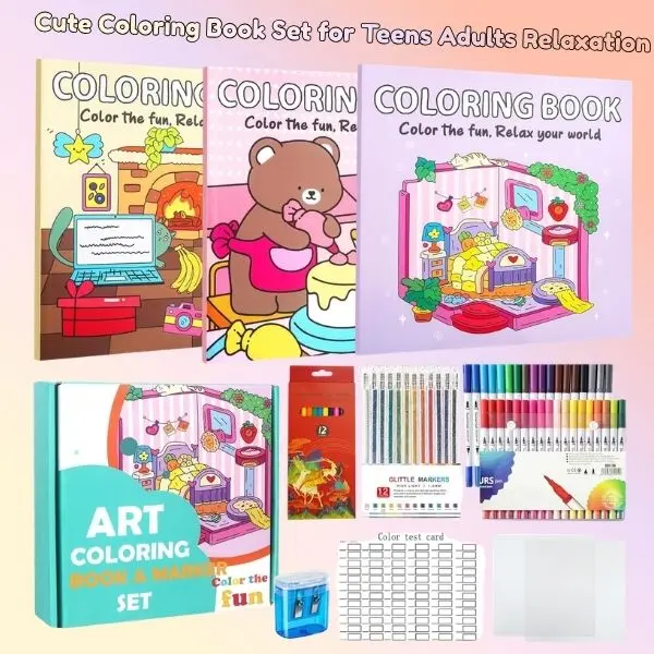 Cute Coloring Book Set for Teens & Adults – Stress Relief Coloring Book with 36 Markers, 12 Glitter Pens & 12 Colored Pencils, Relaxation Gift for Women & Girls